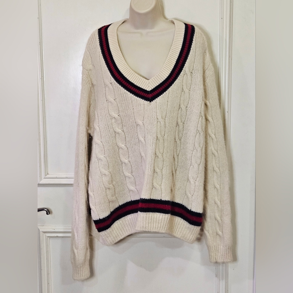 Brandy Melville NIKKI Cream/Red/Navy Cable Knit Oversized Wool Sweater,One Size - Picture 16 of 16